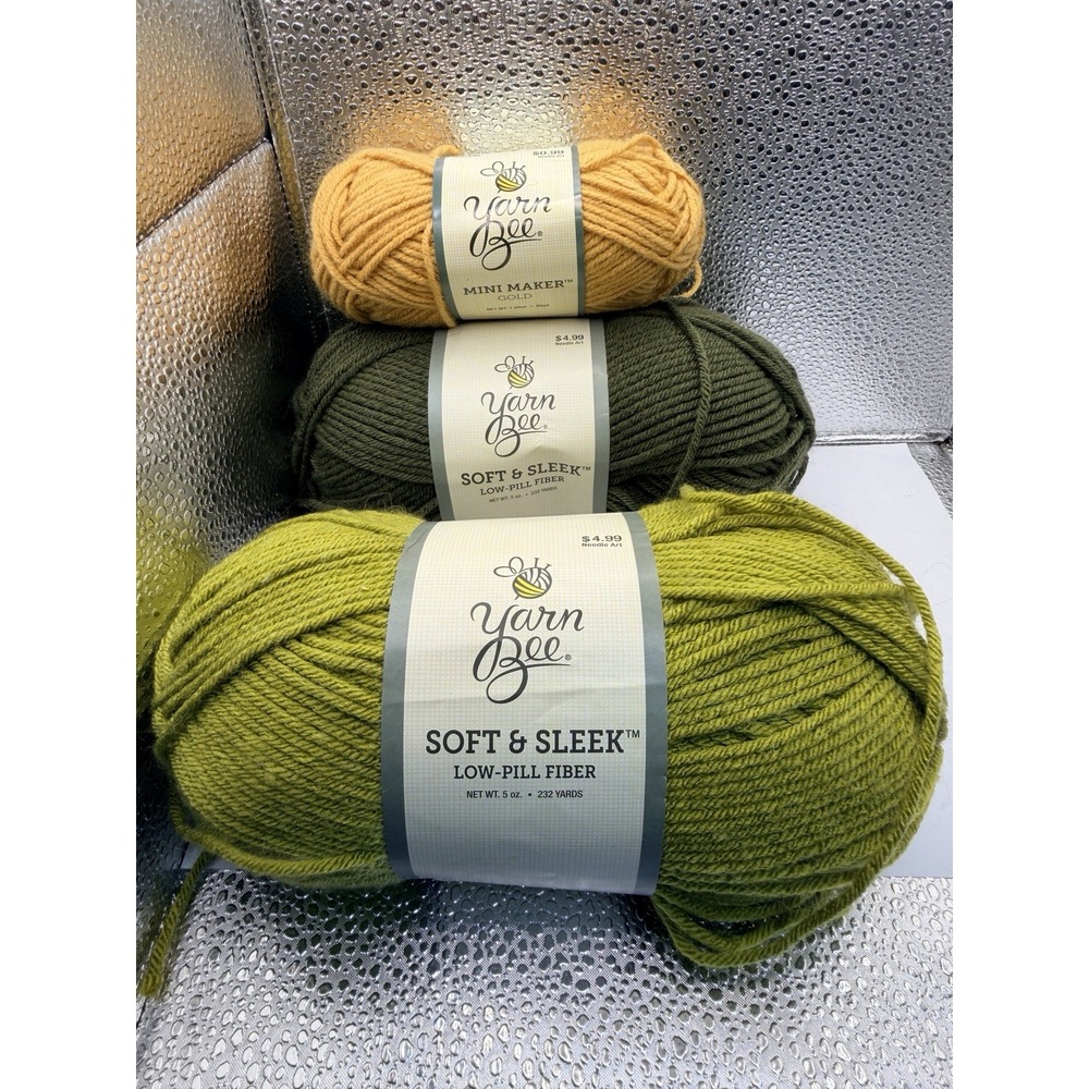 Lot Of 3 Skeins Yarn Bee Multiple Colors Green Apple Gold Olive
